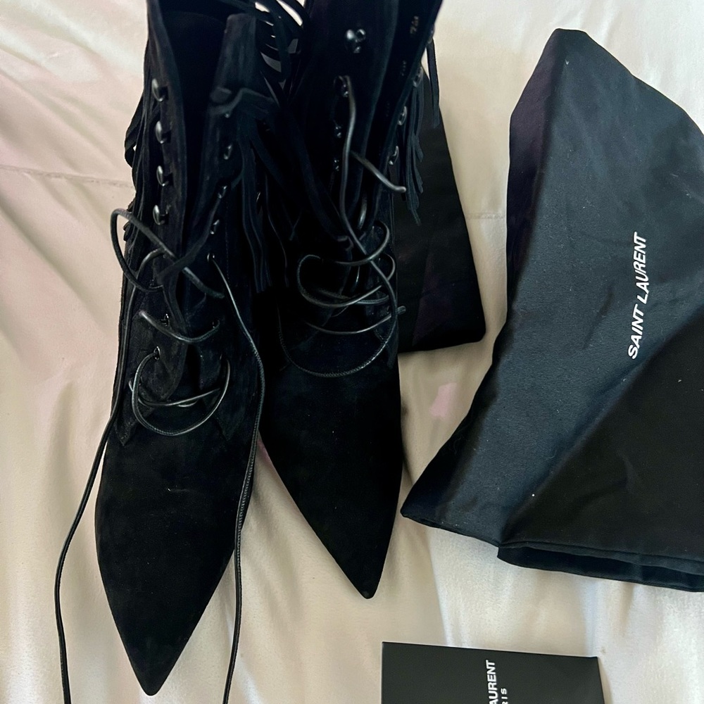 Saint Laurent  Kiki 100 Lace Up Fringe Boots Black - Picture 9 of 12